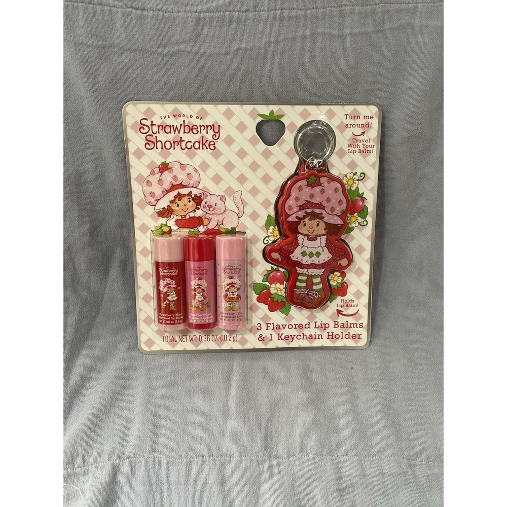 NEW Set of Strawberry Shortcake - 3 Flavored Lip Balms & Shaped Keychain Holder